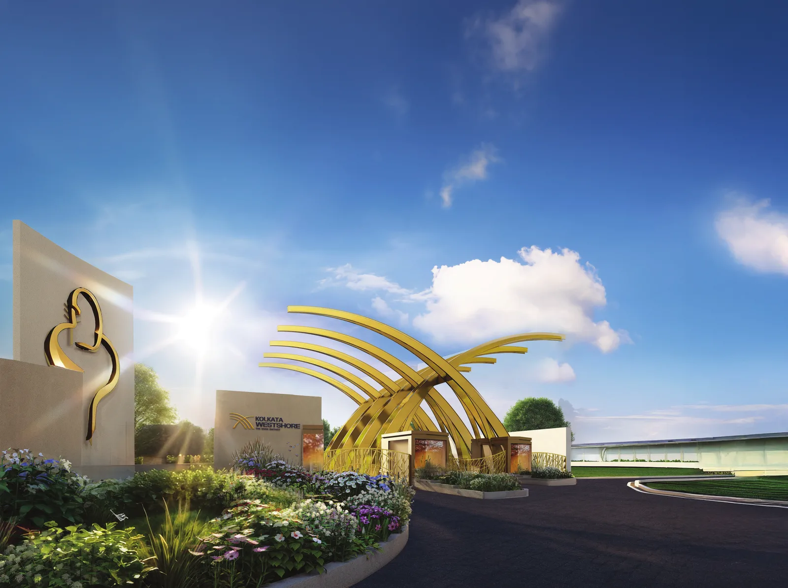 The Kolkata Westshore district gate at Shalimar — golden crossing arcs, built and standing