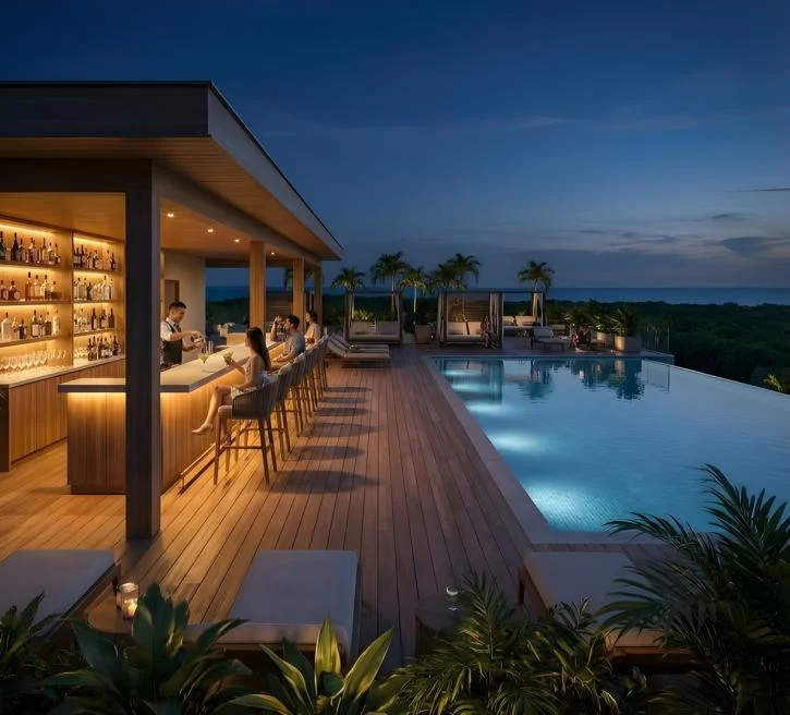 Hospitality design direction — a riverside rooftop pool and bar at dusk (indicative visualisation)