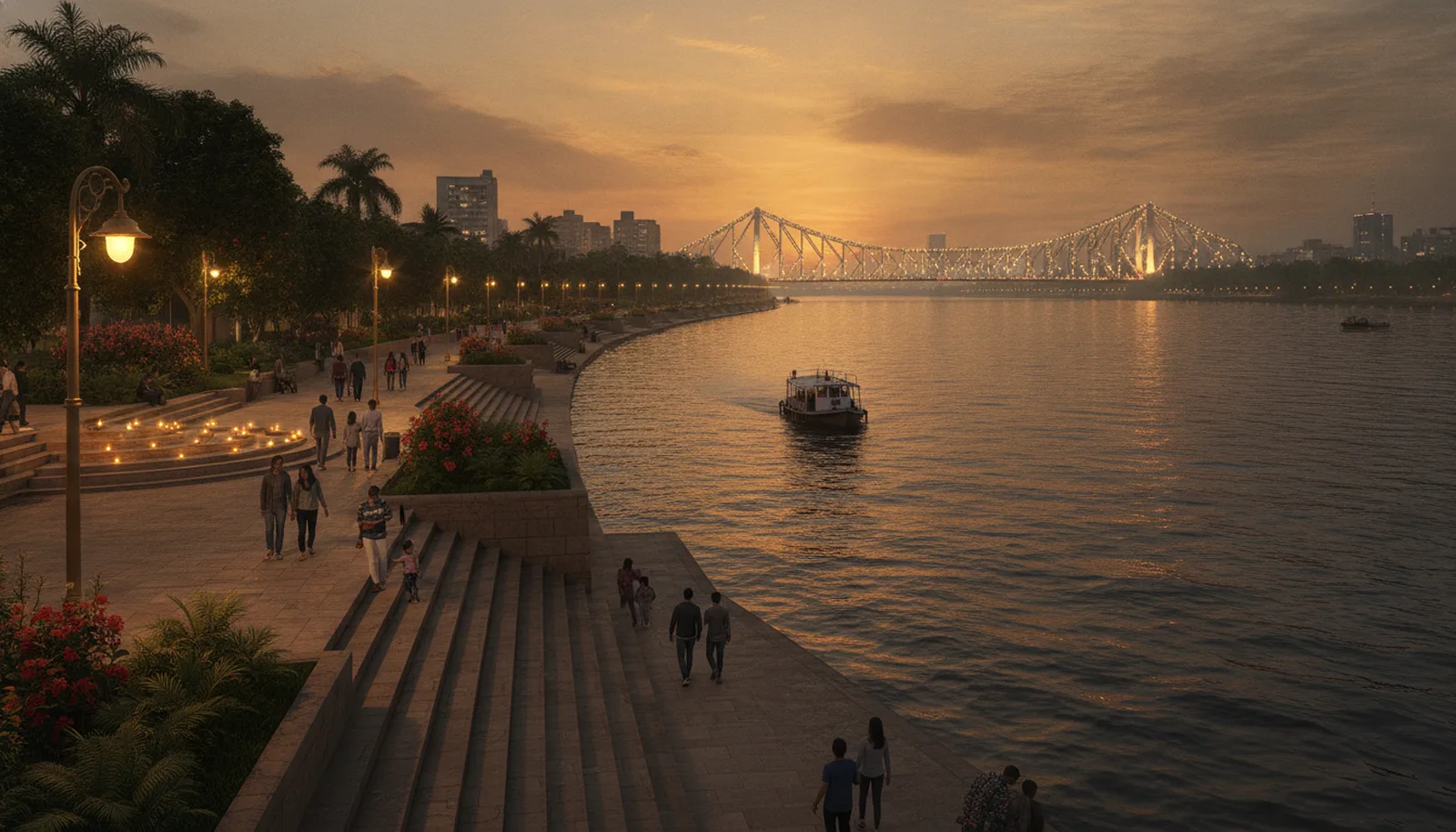 Concept visualisation of the Kolkata Westshore riverfront promenade at dusk