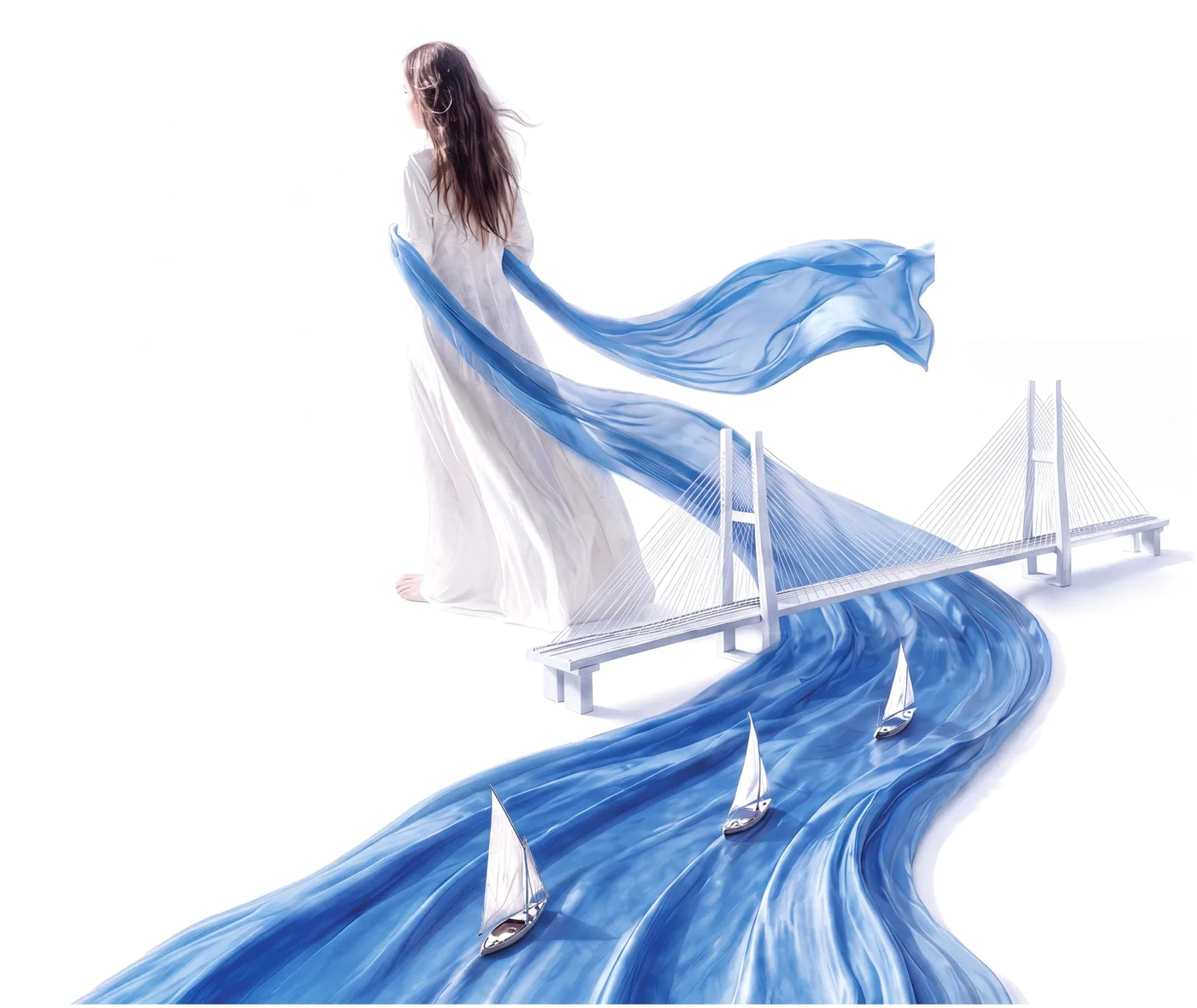 Campaign art — the Hooghly as a flowing blue silk sari crossing beneath Vidyasagar Setu